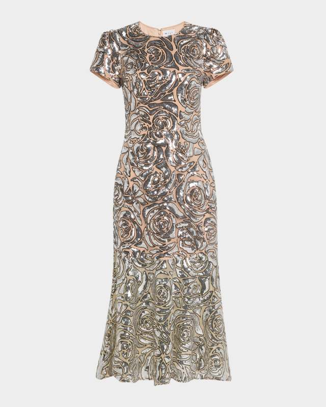 Tahlia Sequin Rose Flounce Midi Dress